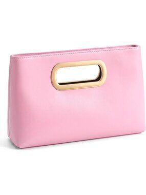 Womens Pink Clutch Handbag Modern Faux Leather with Metal Handle Evening Bag